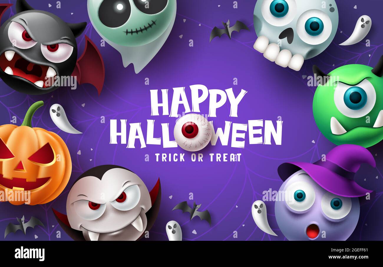 Joyeux halloween texte vector fond design. Halloween et trick ou traiter la typographie avec effrayant, effrayant, effrayant, créepy et mignons personnages mascottes. Vecteur Illustration de Vecteur