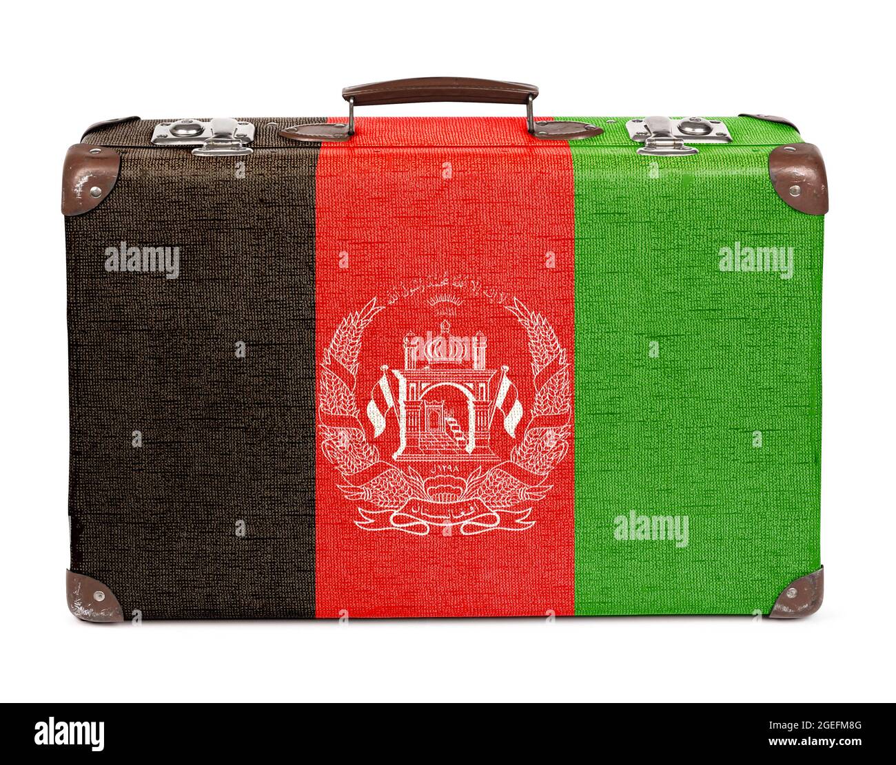 Ancienne valise vintage avec drapeau afghan et couleurs isolées sur blanc Banque D'Images