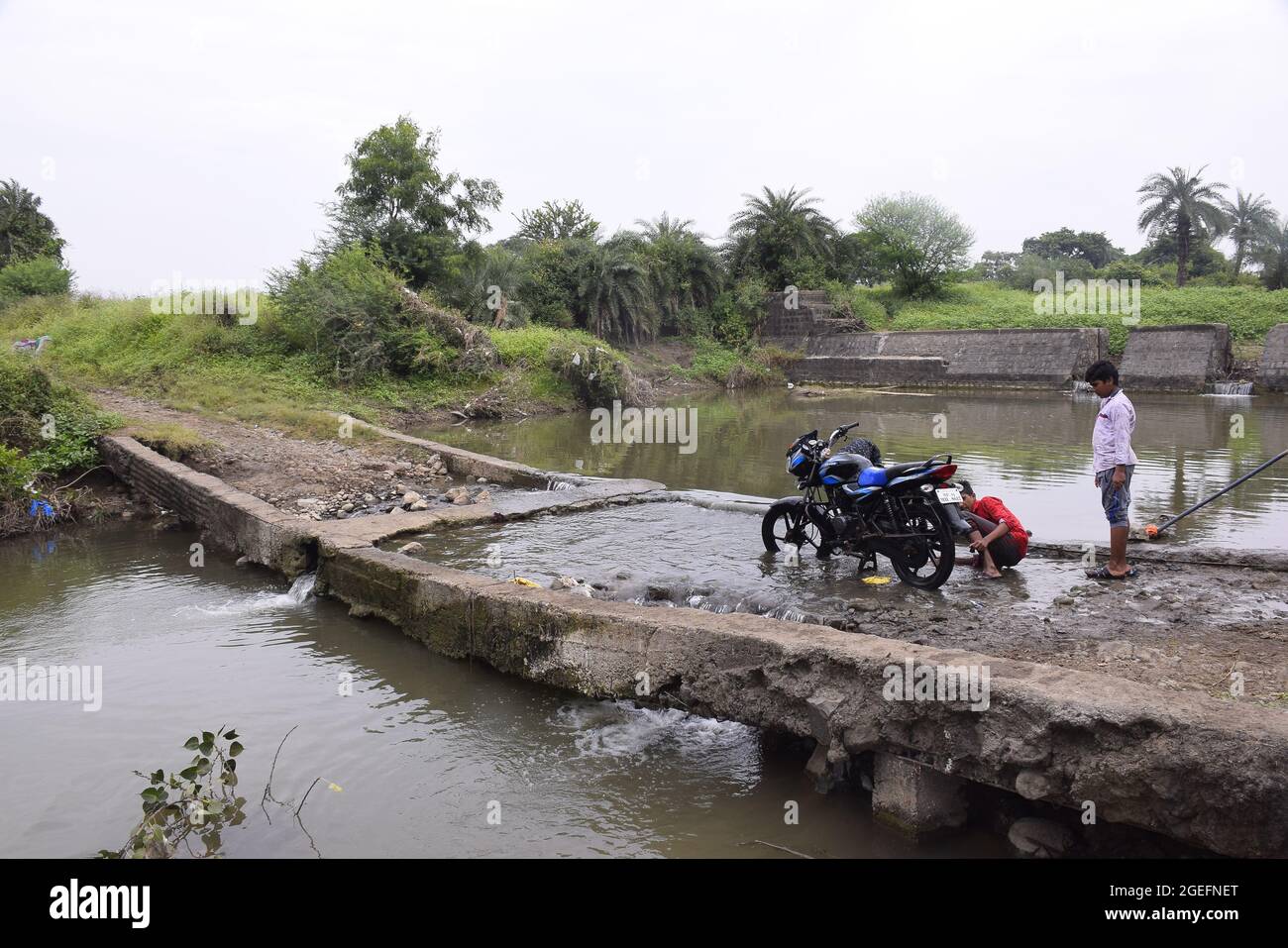 Les enfants ruraux lavant des vélos à l'eau de la rivière, verdure naturelle en arrière-plan Banque D'Images