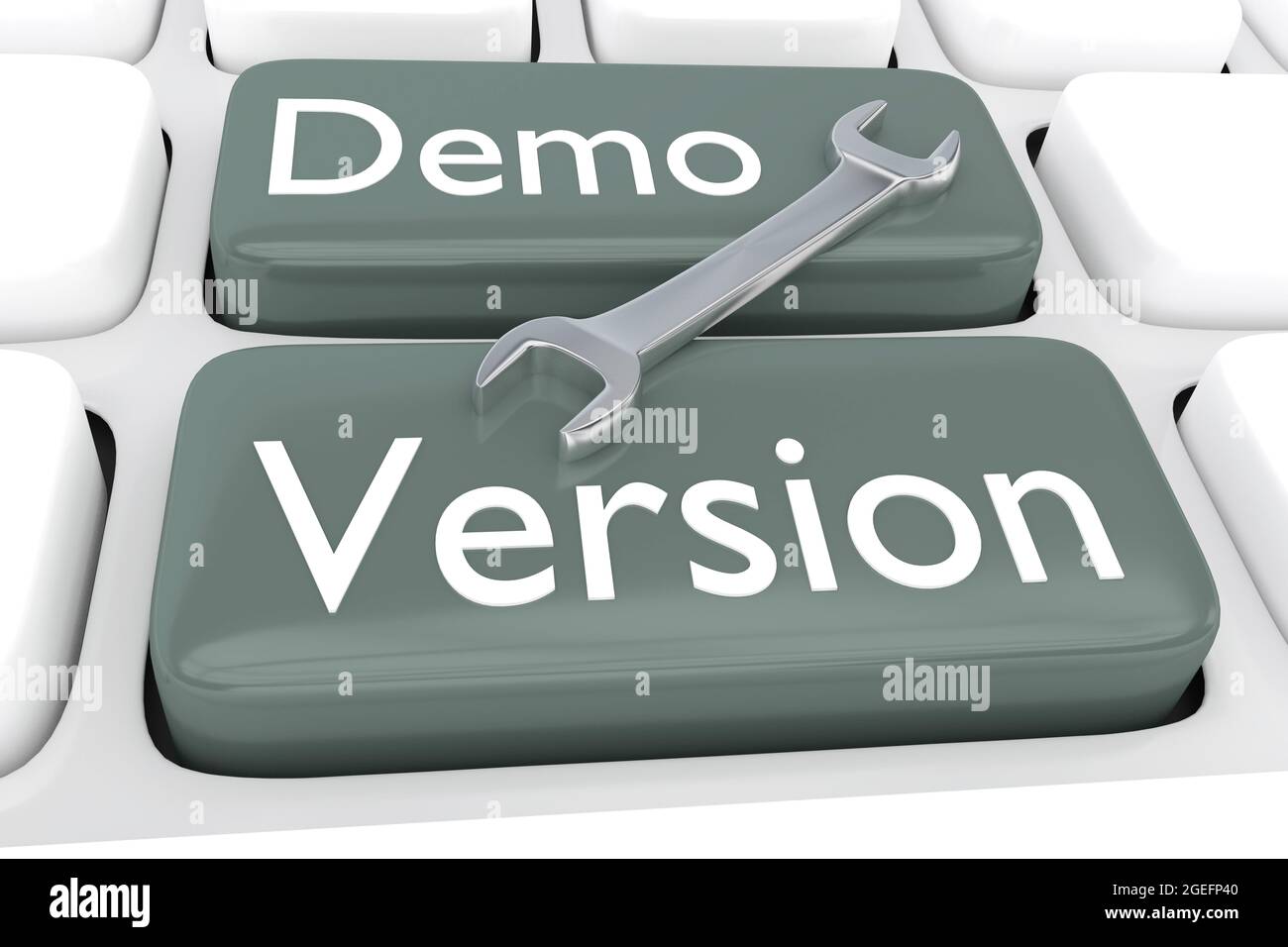 Illustration 3D d'une clé placée sur le clavier de l'ordinateur avec le script version de démonstration Banque D'Images