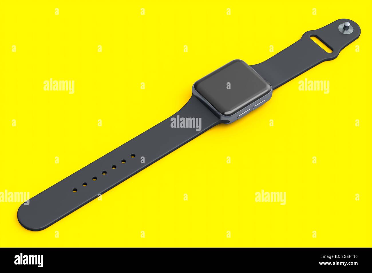 Montre intelligente en argent inoxydable avec bracelet noir isolé sur fond jaune. Concept de rendu 3D du tracker d'état et d'entraînement des appareils portables Banque D'Images Montre intelligente en argent inoxydable avec bracelet noir isolé sur fond jaune. Concept de rendu 3D du tracker d'état et d'entraînement des appareils portables Banque D'Images