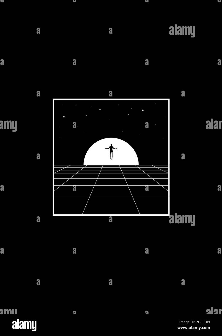 T-shirt et vêtements Rewave avec grille perspective, soleil à l'horizon, silhouette d'homme leviteuse et ciel étoilé. L'esthétique des années 1980. Noir Illustration de Vecteur