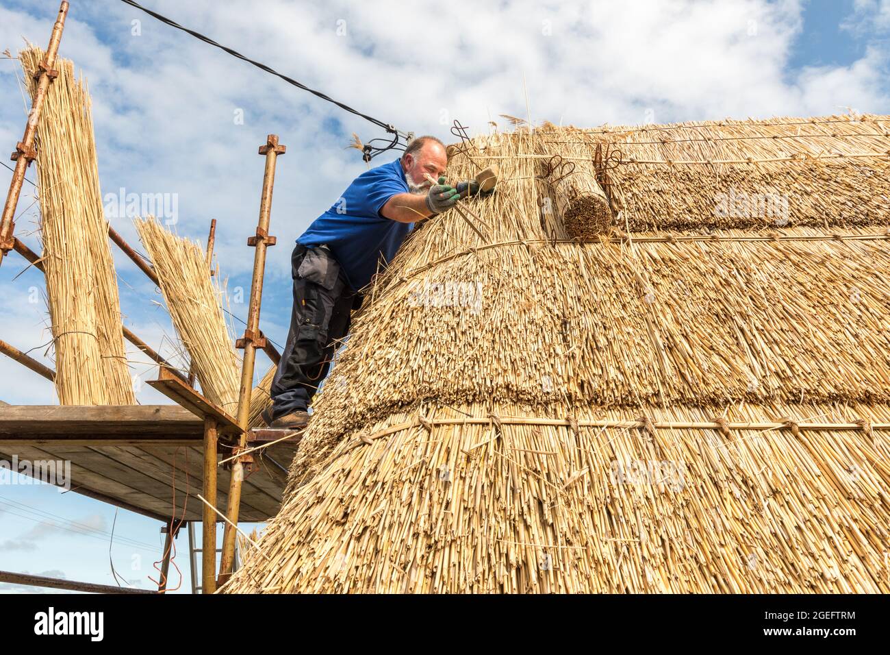 Fenit, Kerry, Irlande. 19 août 2021. Master thatcher, Richard Ó Loideoin travaillant à l'artisanat traditionnel de thatching sur un toit à Chapeltown près de Fenit, Co. Kerry, Irlande. - photo; David Creedon / Alamy Live News Banque D'Images