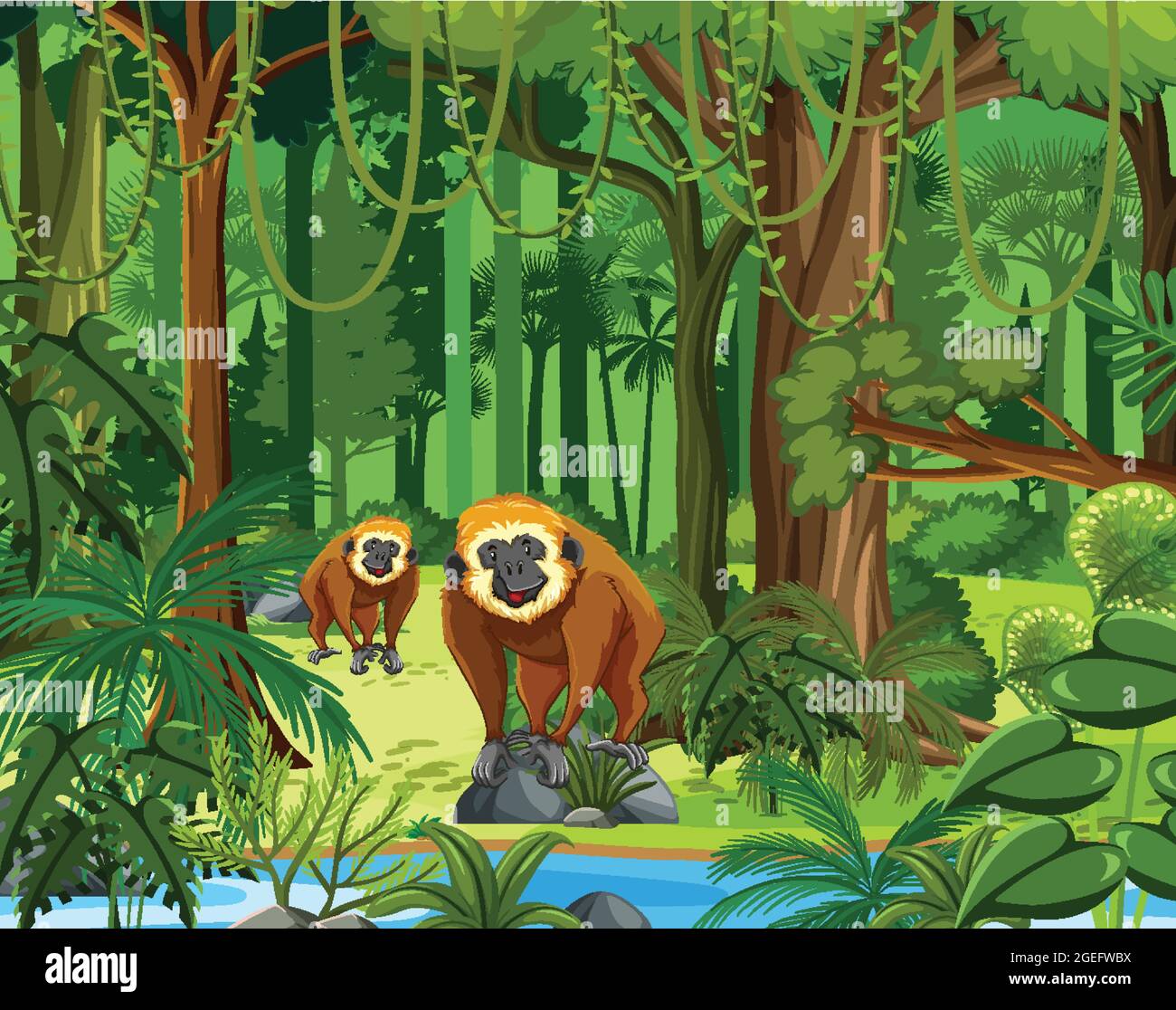 Animaux sauvages avec ruisseau qui coule à travers la scène de forêt illustration Illustration de Vecteur