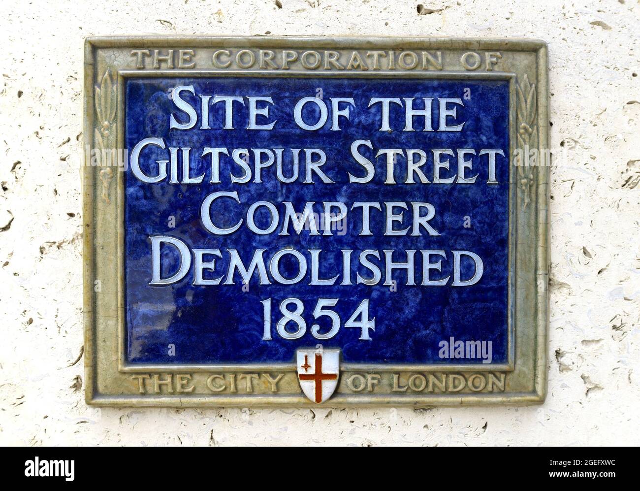 Londres, Royaume-Uni. Plaque commémorative: 'La petite prison de la rue Giltspur démolie 1854' au 2, rue Giltspur, EC1 (petite prison, 1791-1853) Banque D'Images