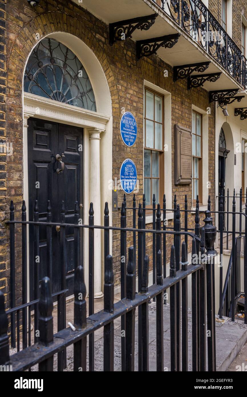Francisco de Miranda, 1750 - 1816, précurseur de l'indépendance de l'Amérique latine, a vécu ici, 1802 - 1810. Aussi poète Andrés Bello, juriste. Plaques du patrimoine anglais. Banque D'Images