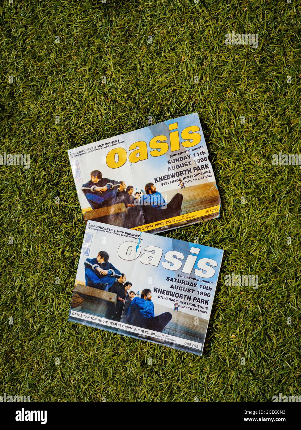 Billet pour un concert Oasis au Knebworth Park, Stevenage, Hertfordshire, Grande-Bretagne - samedi et dimanche 10/11 août 1996, Banque D'Images