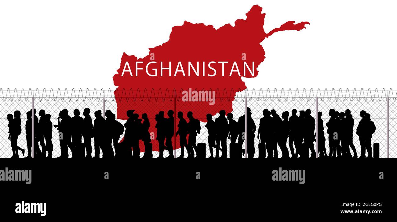 Afghanistan, urgence des réfugiés, s'échapper des villes pour atteindre les frontières avec d'autres États. Danger taliban. Silhouette noire et blanche. Clôture Banque D'Images