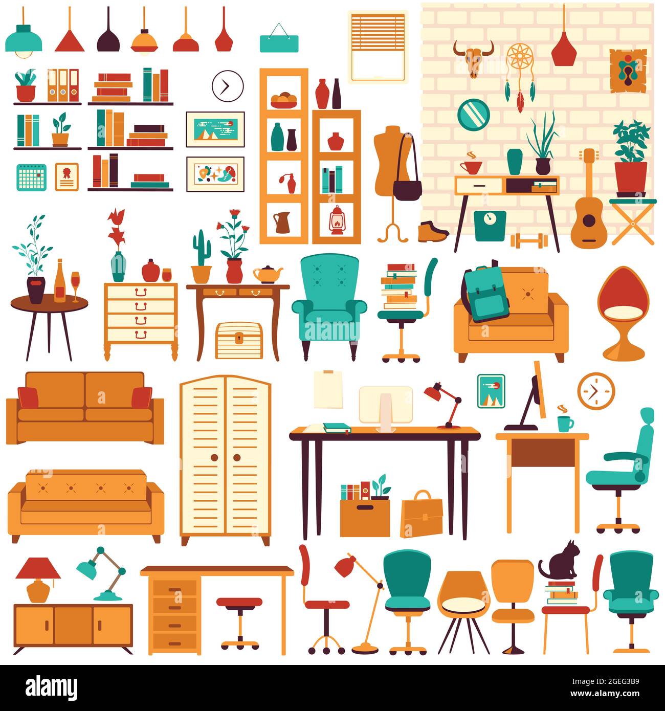 Ensemble d'illustrations vectorielles de meubles, intérieur d'appartement ou de bureau Illustration de Vecteur