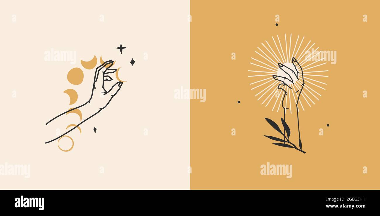Dessin à la main vecteur résumé stock plat illustration graphique avec minimum logo élément collection set, occulte mystère main humaine avec lune et étoiles ligne Illustration de Vecteur