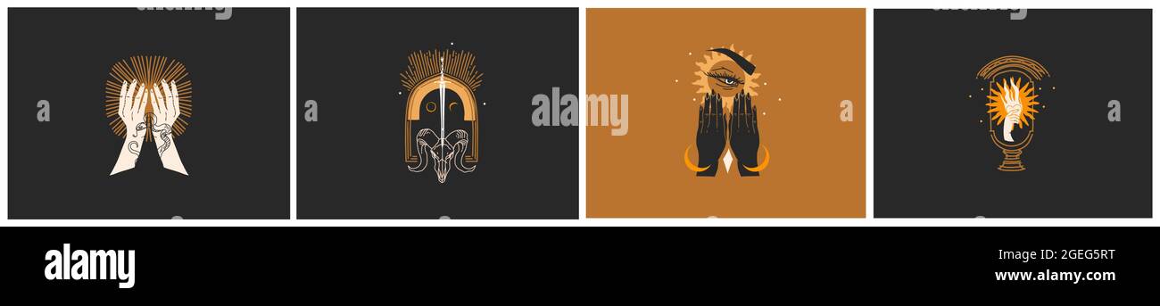 Dessin à la main vecteur résumé plat illustrations graphiques logo collection emblème avec astrologie magique phases de lune dorée céleste, soleil et étoiles Illustration de Vecteur