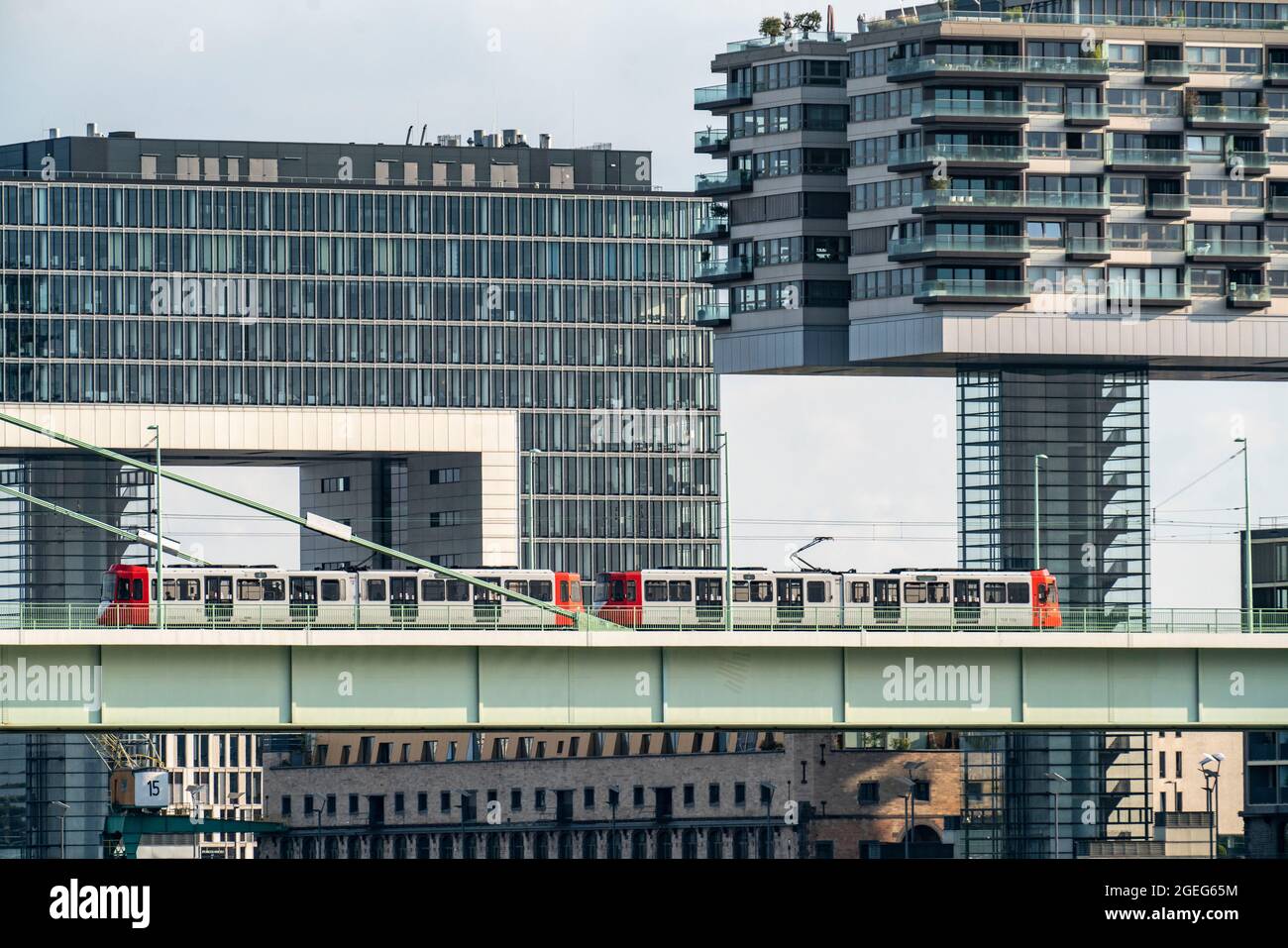 Ligne de tramway 4 sur le pont Severinsbrücke au-dessus du Rhin, grues à Cologne Sud, sur le Rhin, à l'ancien port de douane, résidentiel et bureau haut-ri Banque D'Images