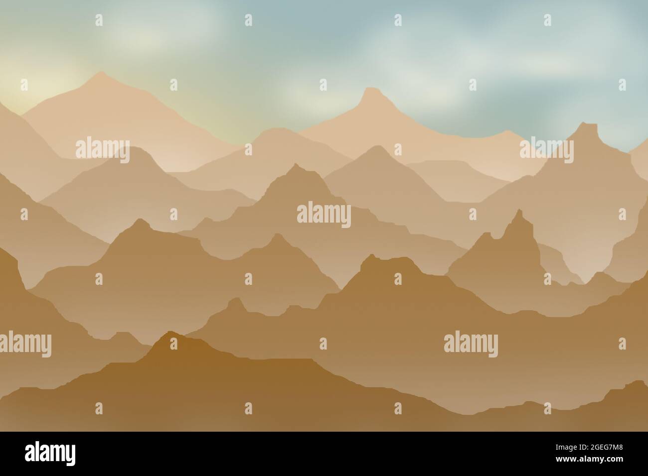 Illustration d'un paysage avec de nombreuses montagnes avec plusieurs couches de profondeur. Entre quelques couches de montagnes il y a du brouillard et le ciel est clair. Banque D'Images