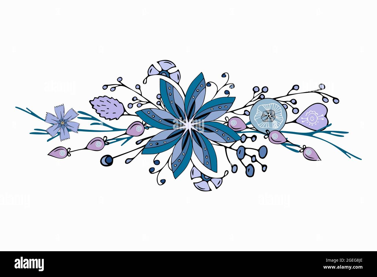 Ornement fleurs d'hiver, belle délicate griffures fleurs feuilles brindilles dessin à la main, isolé, fond blanc, élément pour votre conception, pour les cartes de vœux de vacances. Illustration vectorielle Illustration de Vecteur