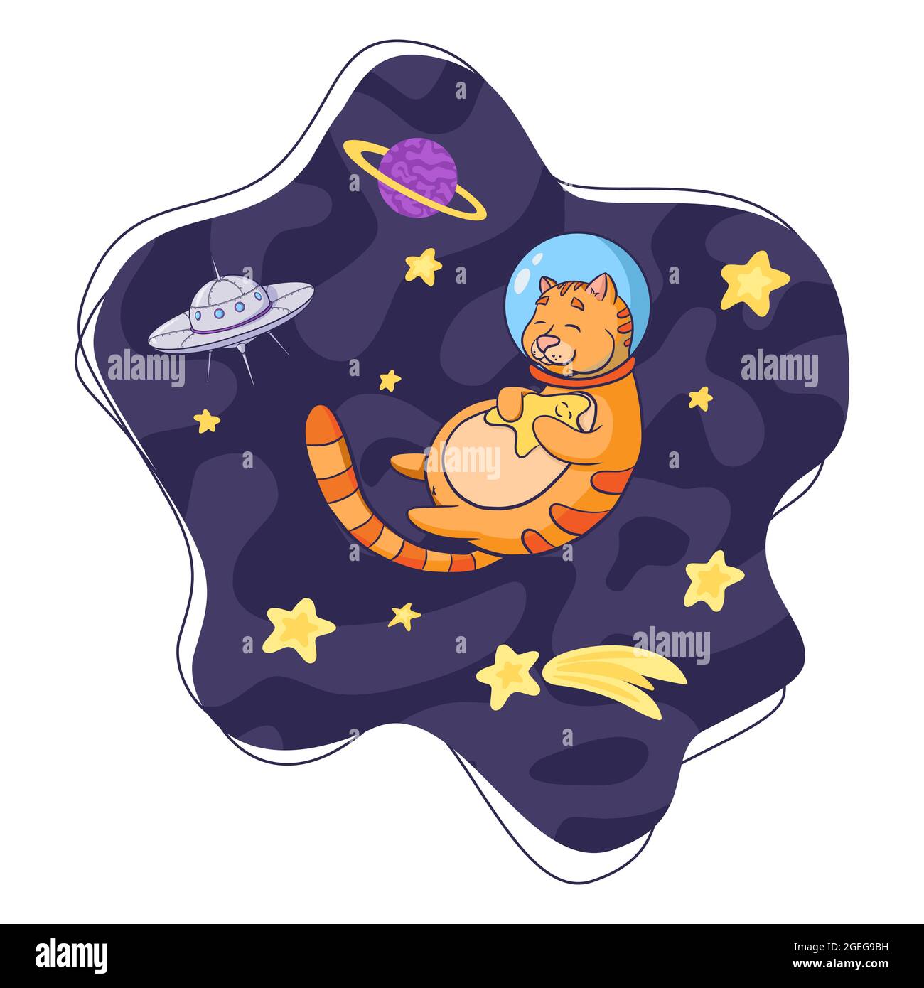 Adorable cocosmonaute de chat qui embrasse un dessin-vedette d'étoile.Croquis d'astronaute animal dessiné à la main pour le logo, la décoration de la garderie, tees graphiques pour enfants, imprimés, autocollants Illustration de Vecteur