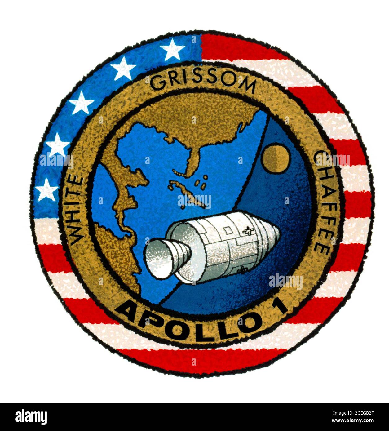 (1966) --- il s'agit de l'insigne de la mission Apollo 1 de la National Aeronautics and Space Administration (NASA), le premier vol Apollo habité. Les membres de l'équipage sont les astronautes Virgile I. Grissom, Edward H. White II et Roger B. Chaffee. La conception de l'insigne de la NASA pour les vols Apollo est réservée aux astronautes et à d'autres fins officielles que l'administrateur de la NASA peut autoriser. La disponibilité publique n'a été approuvée que sous forme d'illustrations par les différents médias d'information. Quand et s'il y a un changement dans cette politique, que nous ne prévoyons pas, elle sera annoncée publiquement. N° DE L'ÉDITEUR Banque D'Images