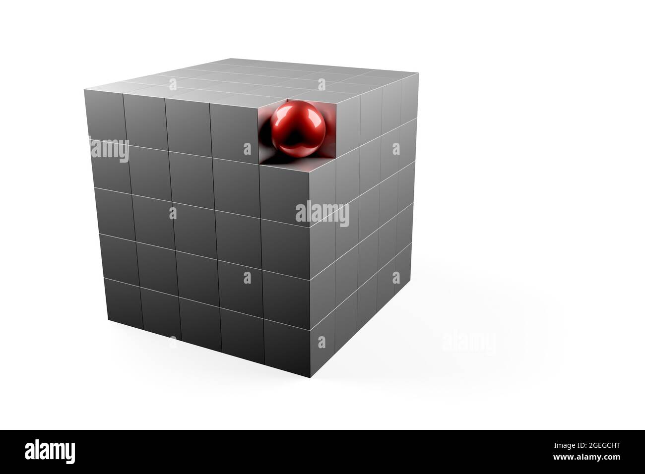 Sphère rouge dans le coin du bloc faite de cubes sur fond blanc - module de logiciel d'affaires, travail d'équipe ou concept hors-la-vue, illustration 3D Banque D'Images