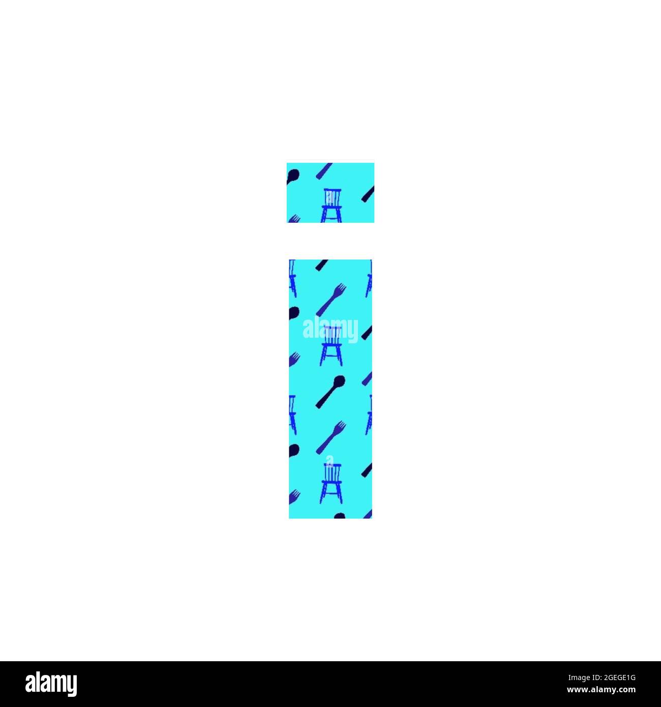 Lettre i de l'alphabet faite avec un motif de cuillères, fourchettes et chaises de cuisine, avec un fond bleu, isolé sur un fond blanc Banque D'Images