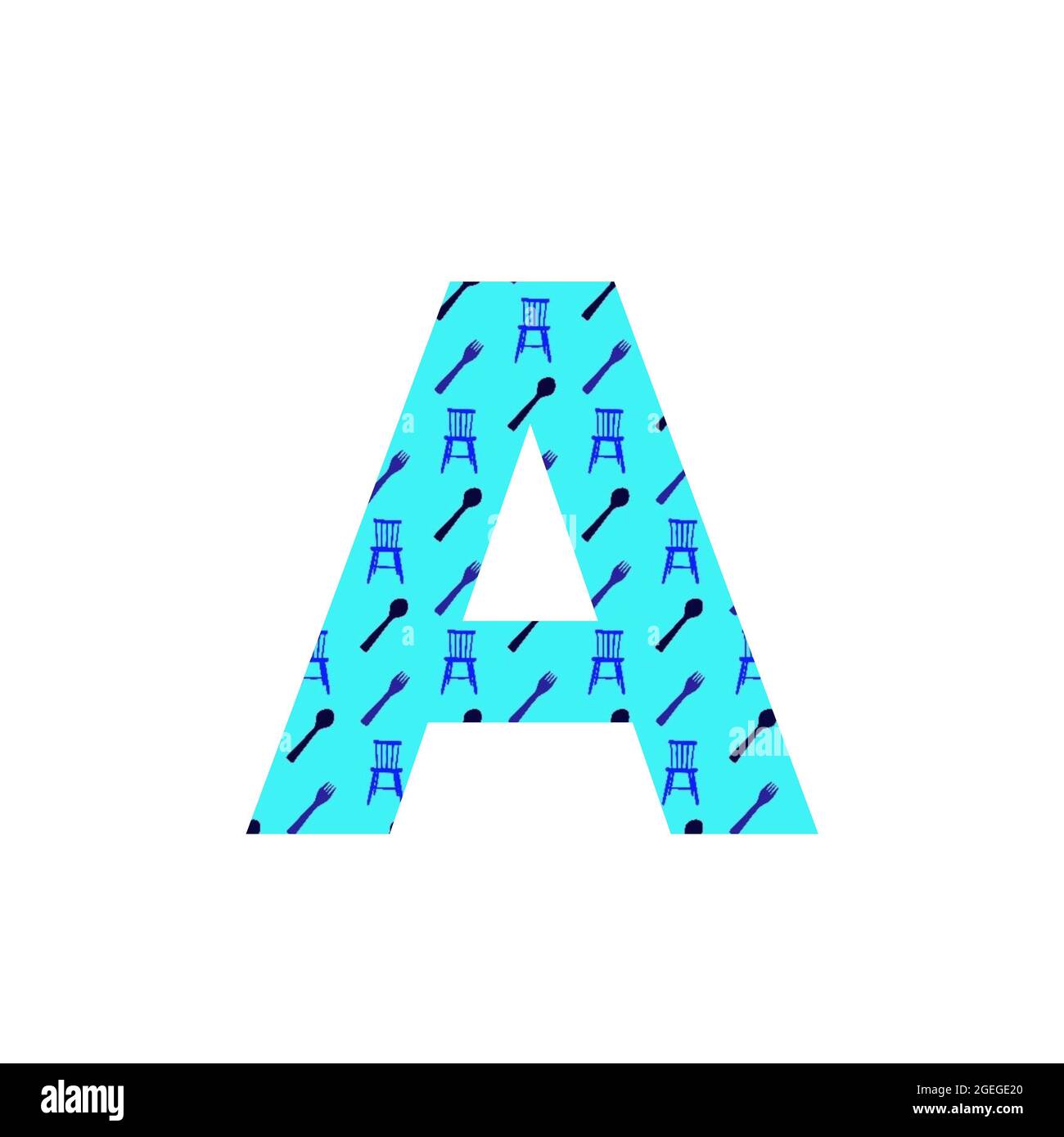 Lettre A de l'alphabet faite avec un motif de cuillères, fourchettes et chaises de cuisine, avec un fond bleu, isolé sur un fond blanc Banque D'Images