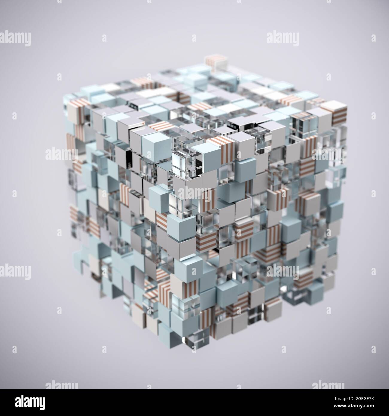 Un cube de cubes image abstraite avec quatre types différents de cubes : rayé, métallique, turquoise, verre. Certains cubes ont été déplacés. Concept de diversité ou comp Banque D'Images