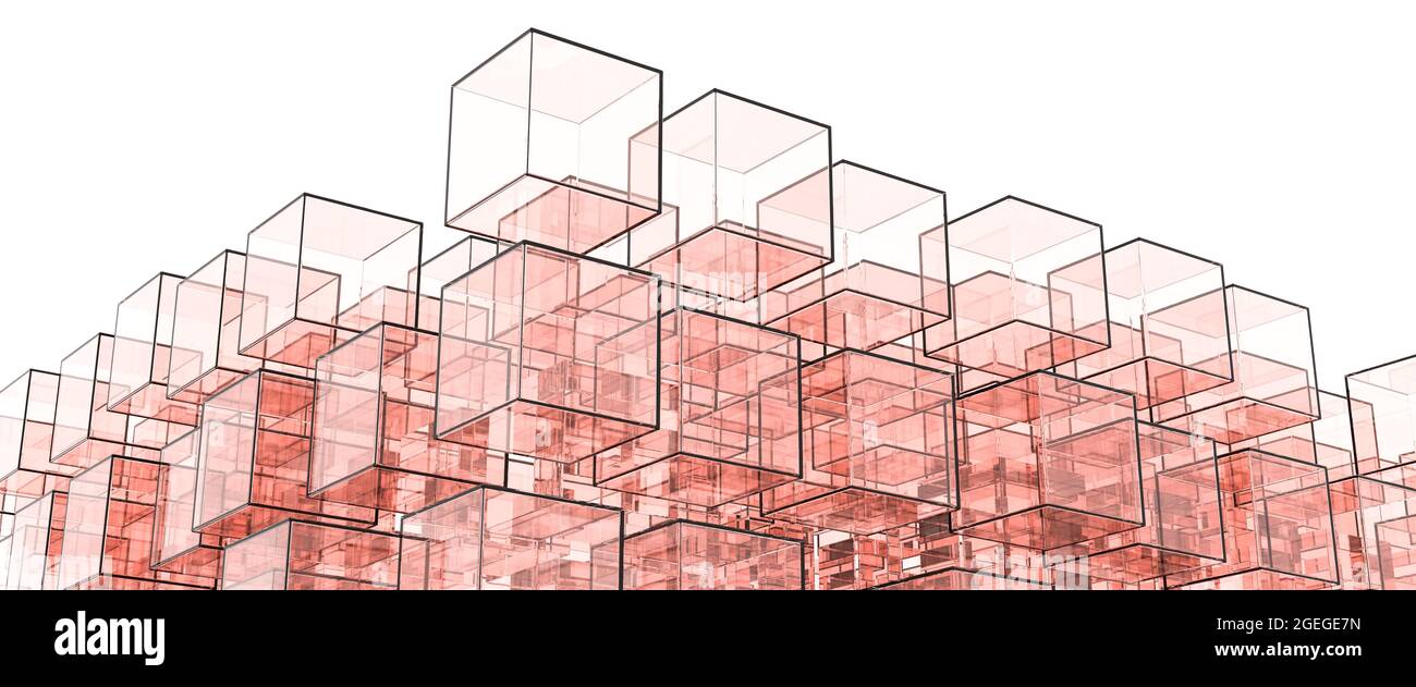 Un cube de cubes de verre rouge image abstraite. Certains cubes ont été déplacés. Réflexion, arrière-plan neutre. Concept de cube de données. Banque D'Images