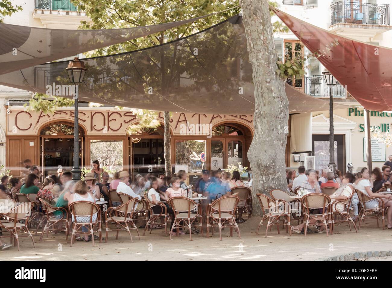 L'Ile Rousse, Corse, France - 19 août 2021 : les vacanciers se détendent devant le café de Platanes à l'ile Rousse, dans la région de Balagne en Corse Banque D'Images