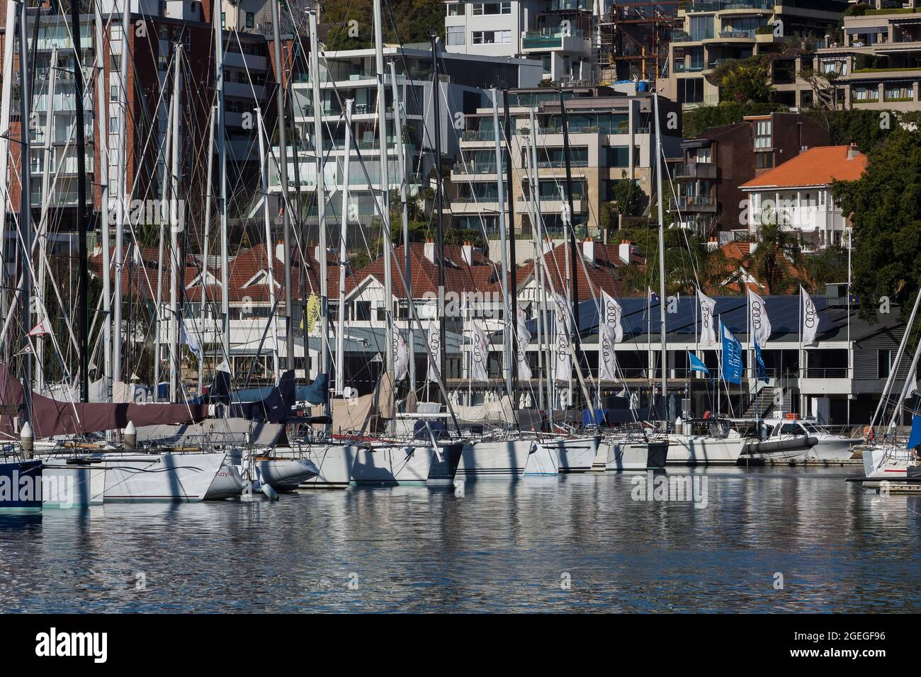 Sydney, Australie. Vendredi 20 août 2021. Vues générales sur les yachys amarrés dans le port de Sydney au Rushcutters Bay Park. Le programme d'éclusage de Sydney a été prolongé jusqu'au 30 septembre dans la grande région de Sydney, le nombre de cas de déformation Delta COVID-19 continuant d'augmenter. Les masques faciaux sont désormais obligatoires à l'extérieur dans toute la Nouvelle-Galles du Sud, sauf s'ils font Crédit : Paul Lovelace/Alamy Live News Banque D'Images