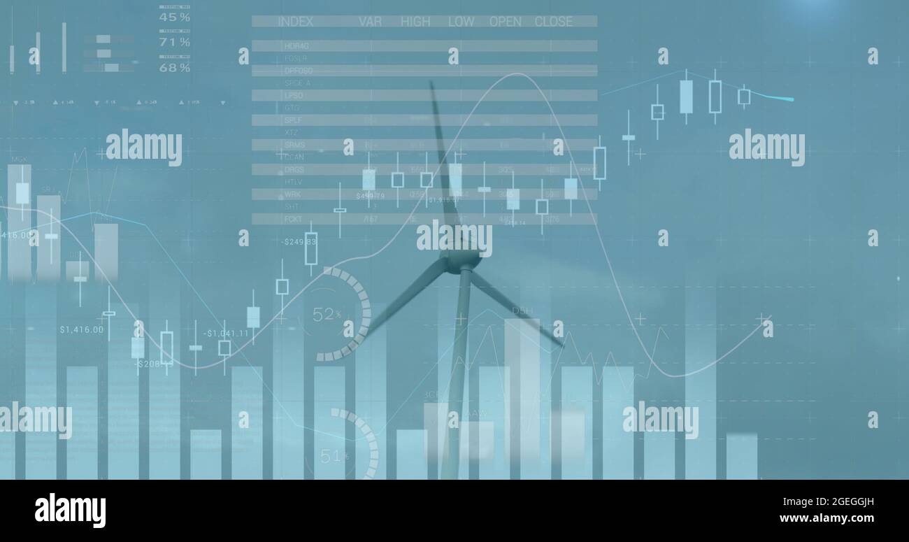 Image des éoliennes se déplaçant dans la campagne et du graphique de la bourse en augmentation et en diminution Banque D'Images