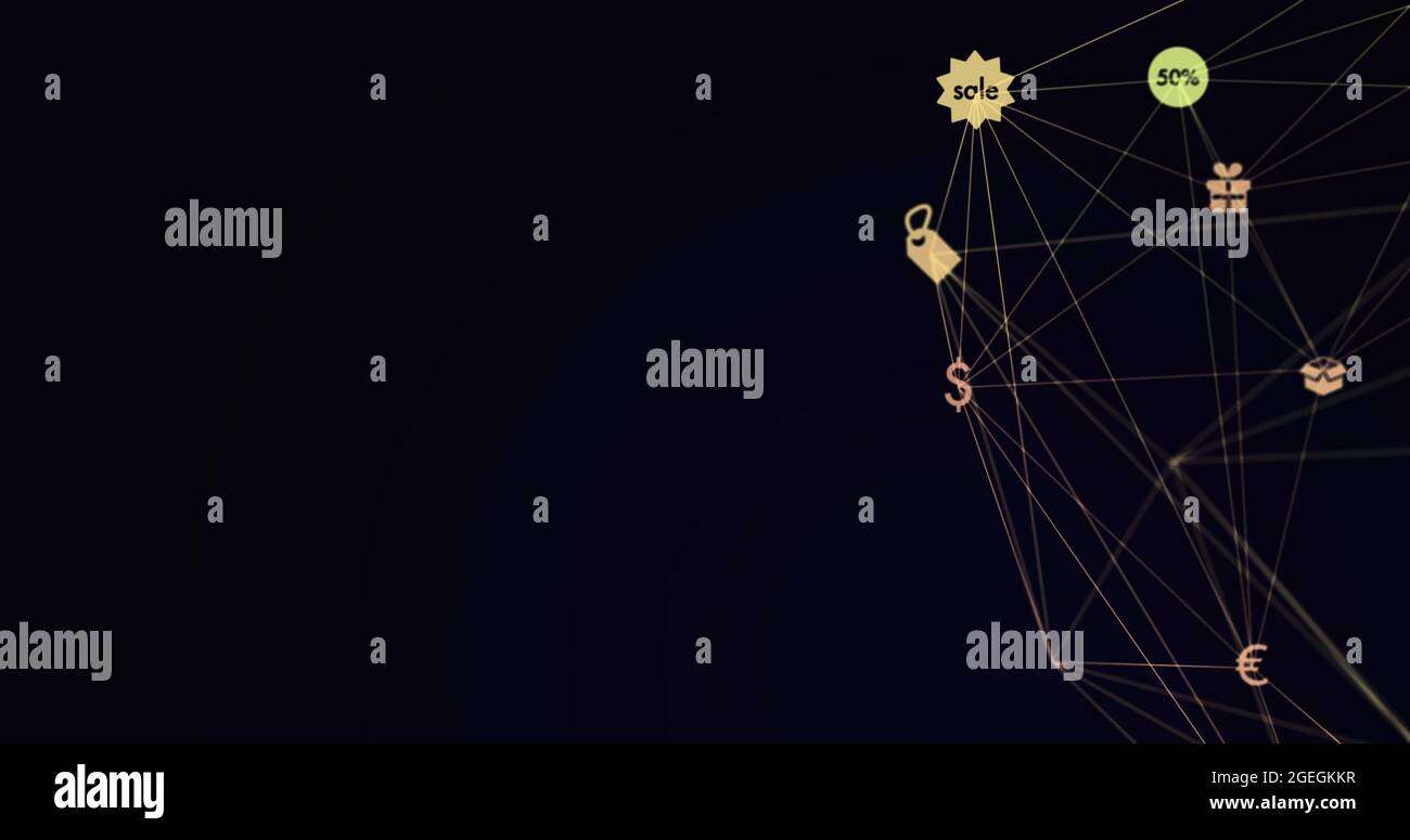 Image numérique composite d'un réseau de connexions avec icônes sur fond noir Banque D'Images