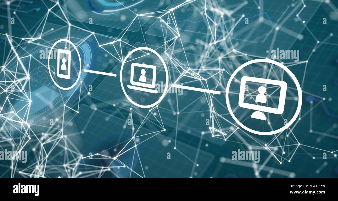 Illustration des icônes des périphériques de communication sur le réseau de connexions Banque D'Images