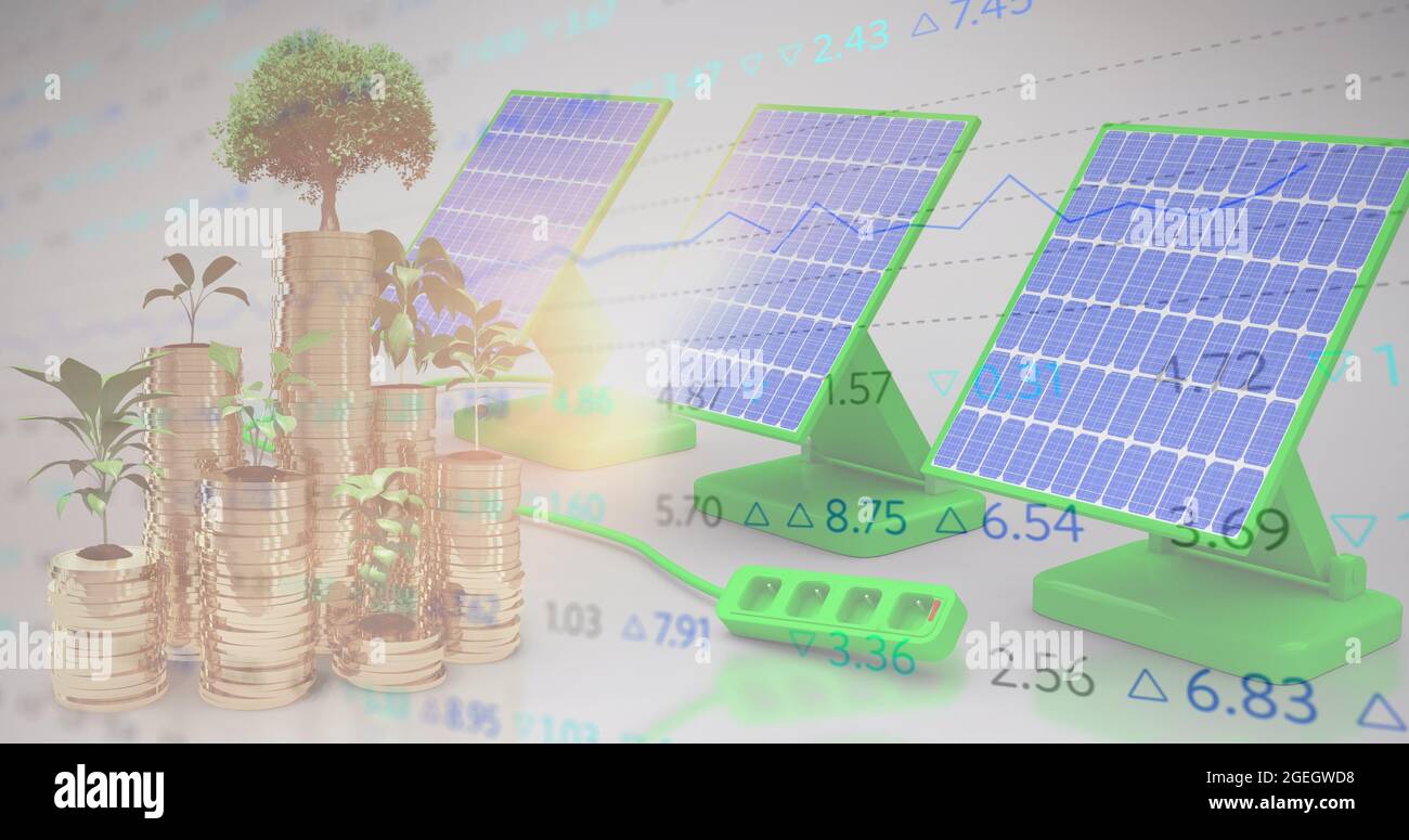 Traitement des données du marché boursier sur les usines de la pile de pièces d'or contre les panneaux solaires Banque D'Images