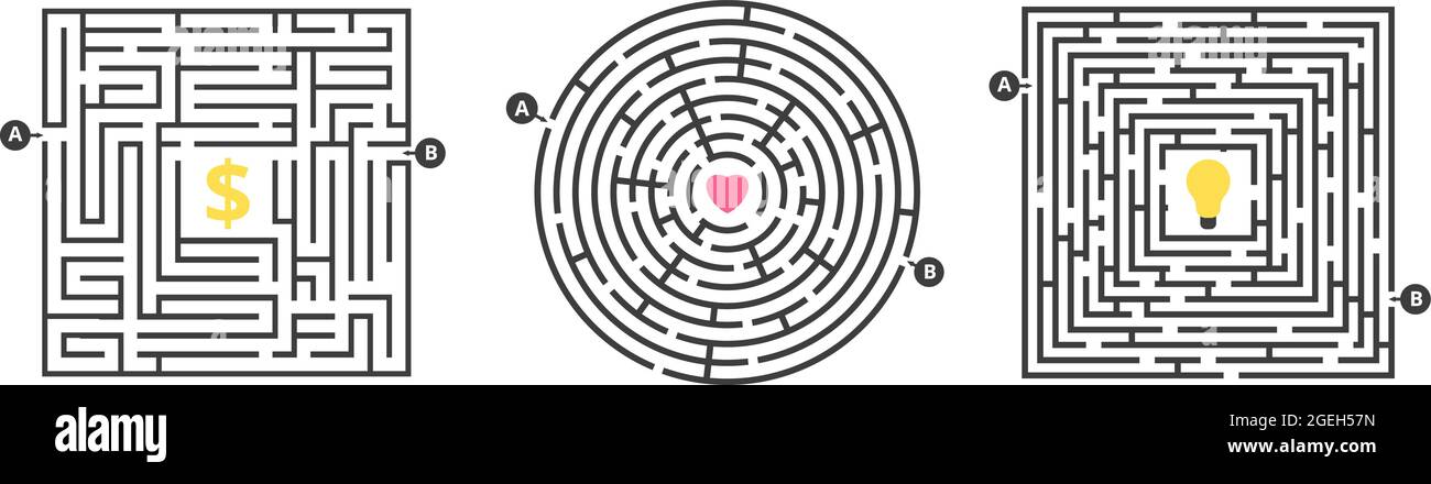 Jeu de labyrinthe. Labyrinthe amusant, casse-tête pour les loisirs. Trouvez de l'argent amour ou idée. Métaphore de la concurrence de la vie ou de la solution de recherche d'objectif. Rond et carré Illustration de Vecteur