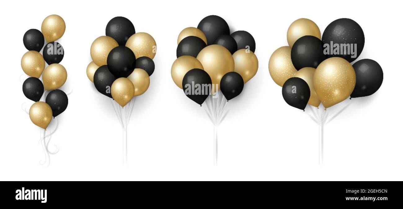 Ballons noirs dorés. Bouquet de ballons scintillants, décoration de fête volante isolée. Soldes d'anniversaire 3D réalistes ou vecteur d'éléments d'anniversaire Illustration de Vecteur
