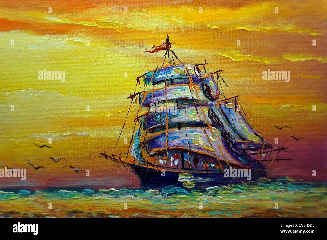 art huile peinture voilier , barque en mer de thaïlande , junk boat Banque D'Images