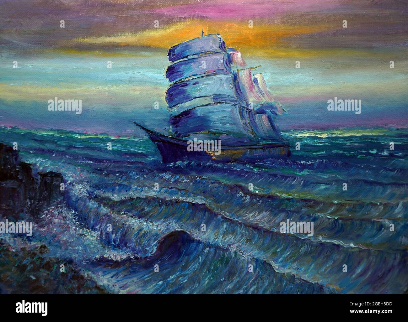 art huile peinture voilier , barque en mer de thaïlande , junk boat Banque D'Images