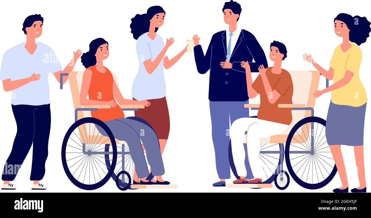 Personnes en bonne santé et handicapées. Homme femme en fauteuil roulant avec des amis. Amitié, adaptation sociale et communication personnes diverses Illustration de Vecteur
