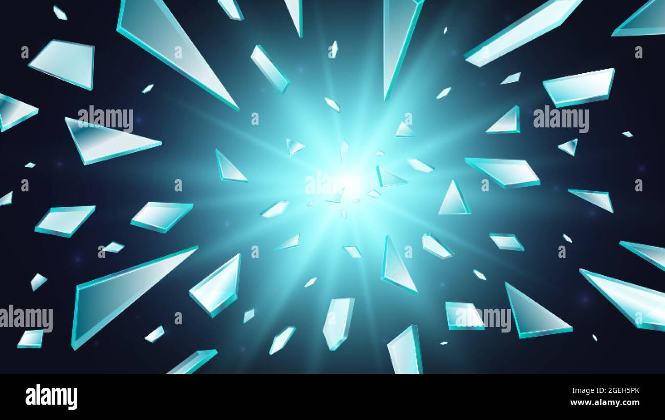 Verre cassé. Arrière-plan de fenêtre de vibration, 3d voler réaliste éclats. Abstrait explosion de lumière ou de brome transparent éléments bleus vecteur Illustration de Vecteur