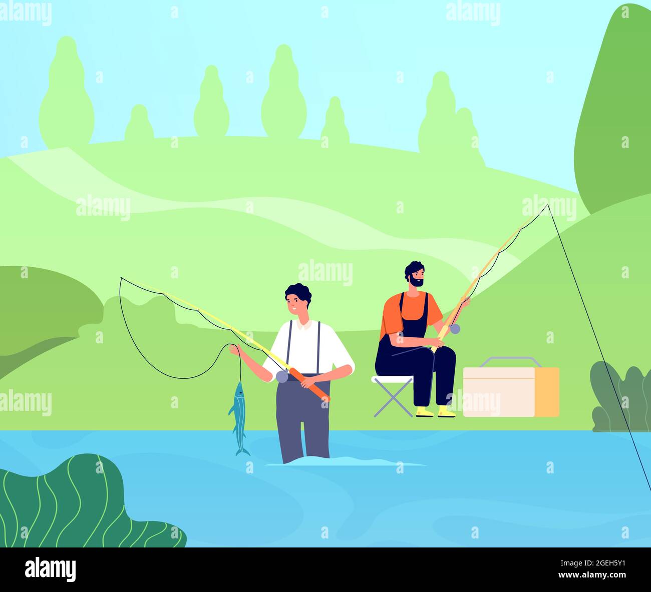 Pêche sur la rivière. Le pêcheur attrape des poissons, homme avec la tige dans le lac. Activités de loisirs entre amis, activités de loisirs en plein air pour hommes. Les gens détendent l'illustration vectorielle Illustration de Vecteur