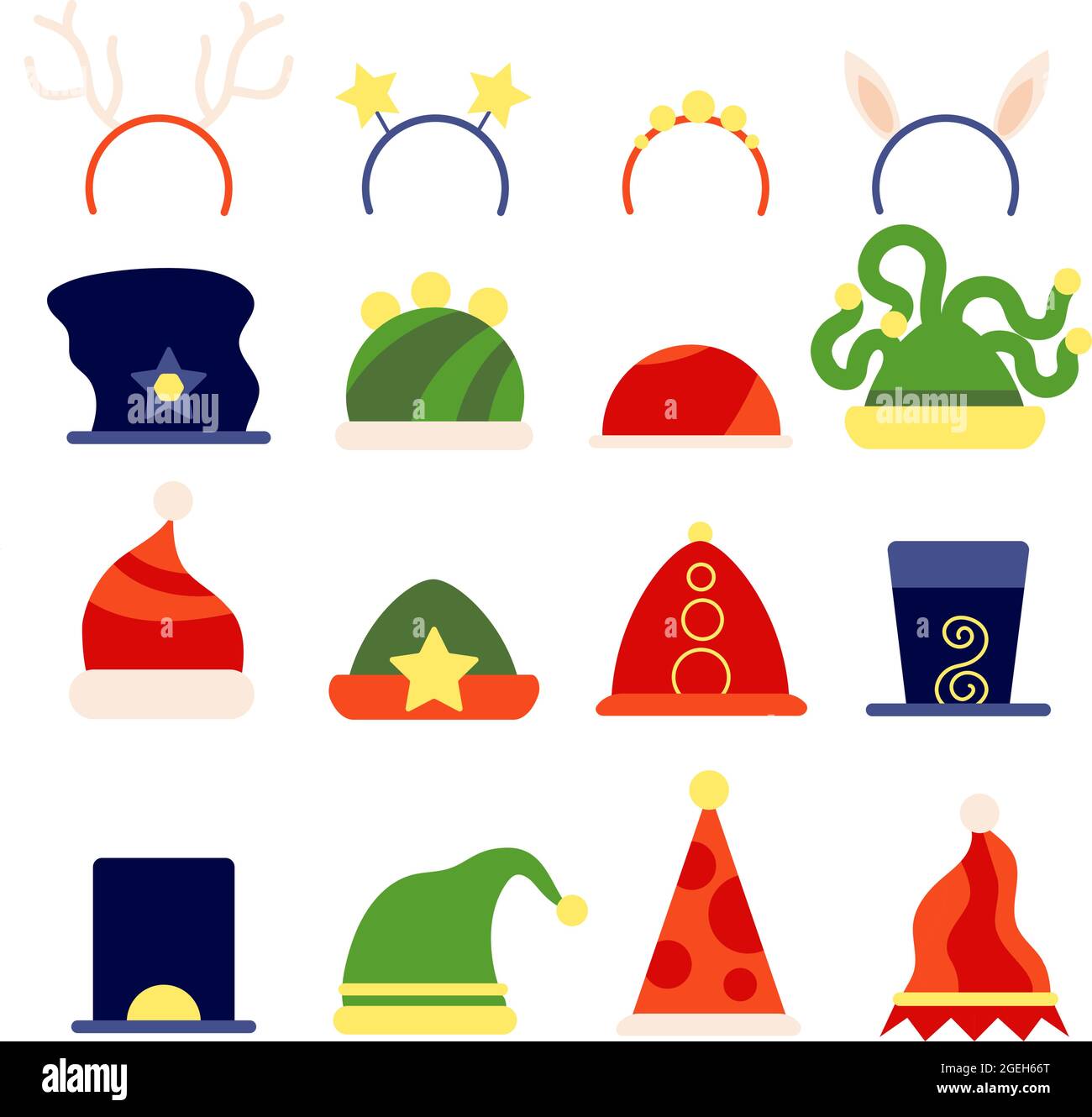 Chapeaux de noël plats. Accessoire de Noël Elf, vêtements de costume de fête du père noël et panier à cheveux de cerf. Stand photo magie isolé accessoires vecteur set Illustration de Vecteur