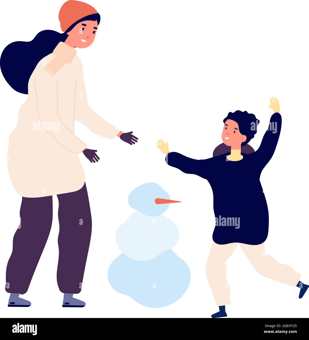 En hiver. Mère fils faisant bonhomme de neige. Une famille heureuse se promenant à l'extérieur par temps froid. Tenue saisonnière, illustration vectorielle des vacances de vacances Illustration de Vecteur