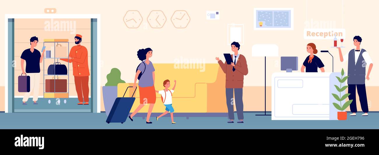 Hospitalité. Réception de l'hôtel. Le réceptionniste et le serveur du directeur salueront les nouveaux voyageurs. Portier et client dans l'ascenseur. Une équipe adorable et des touristes Illustration de Vecteur