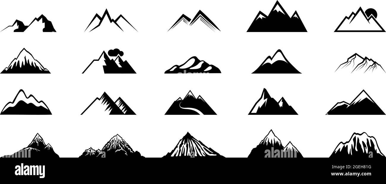 Silhouettes Mountain Peak. Collines noires, rochers. Symboles de montagne, sport extrême randonnée escalade voyage ou aventures. Paysage géologique isolé Illustration de Vecteur