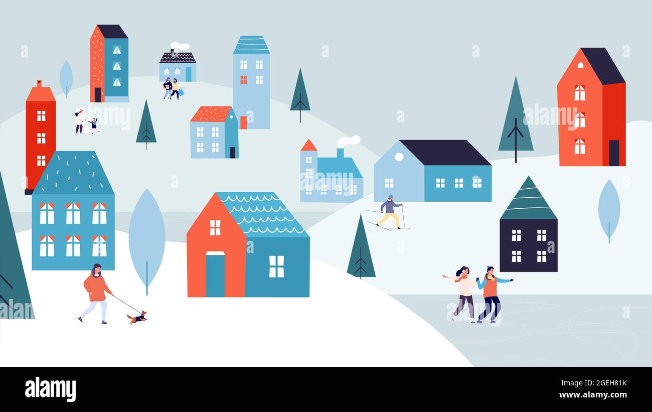 Paysage urbain d'hiver. Vacances de Noël, vacances en ville. Des gens minuscules patinent sur un chien de randonnée. Jolies maisons de banlieue sur le vecteur de collines enneigées Illustration de Vecteur