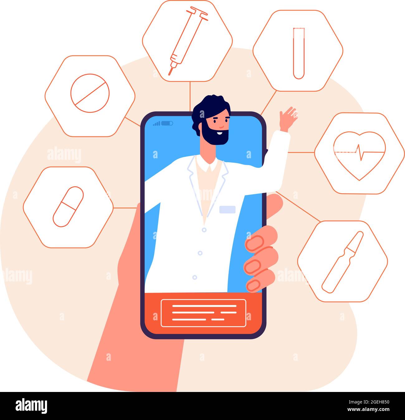 Médecine en ligne. Consultation de santé par téléphone, urgence médicale ou télémédecine. Concept de vecteur de service de prise en charge ou de chat médical mobile virtuel Illustration de Vecteur