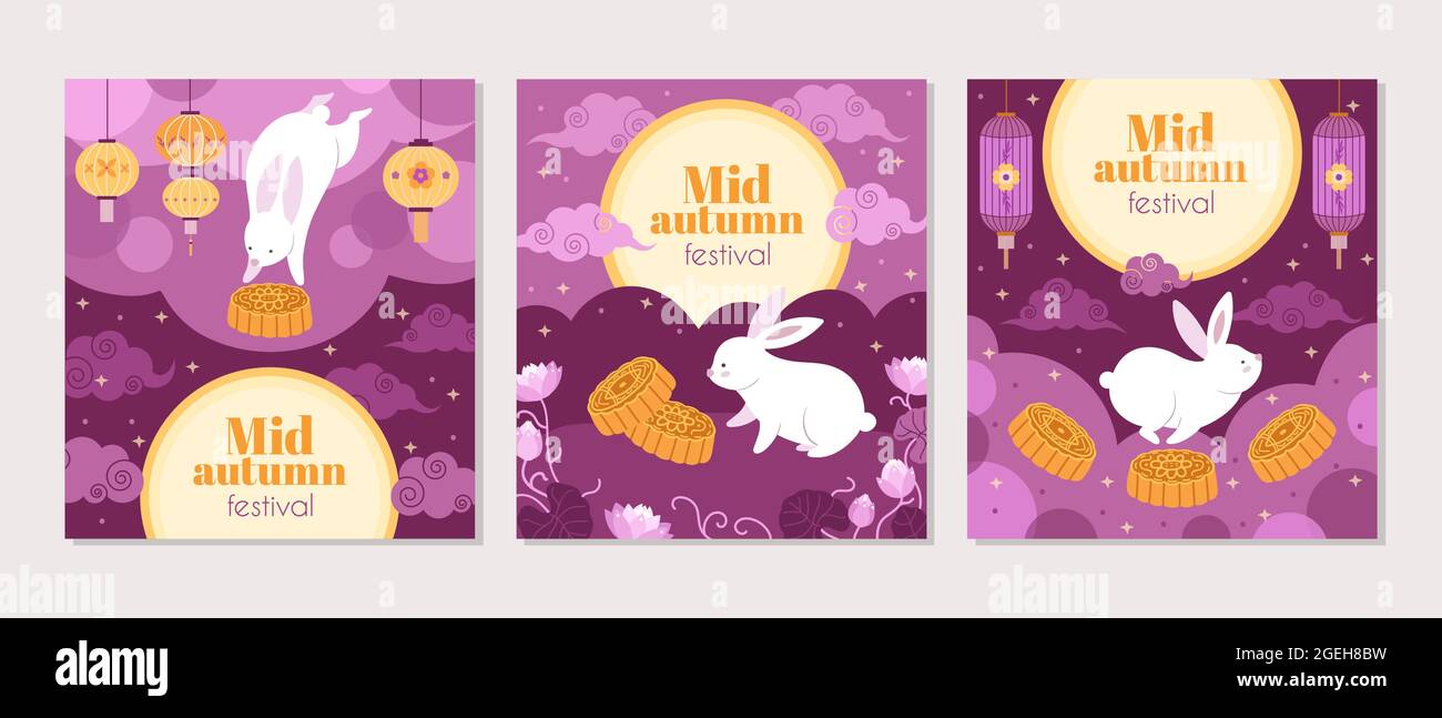 Cartes du festival du milieu de l'automne. Symboles Fest, lanterne de lapin de dessin animé et invitation au gâteau. Affiche vectorielle pleine lune asiatique chinoise et coréenne Illustration de Vecteur