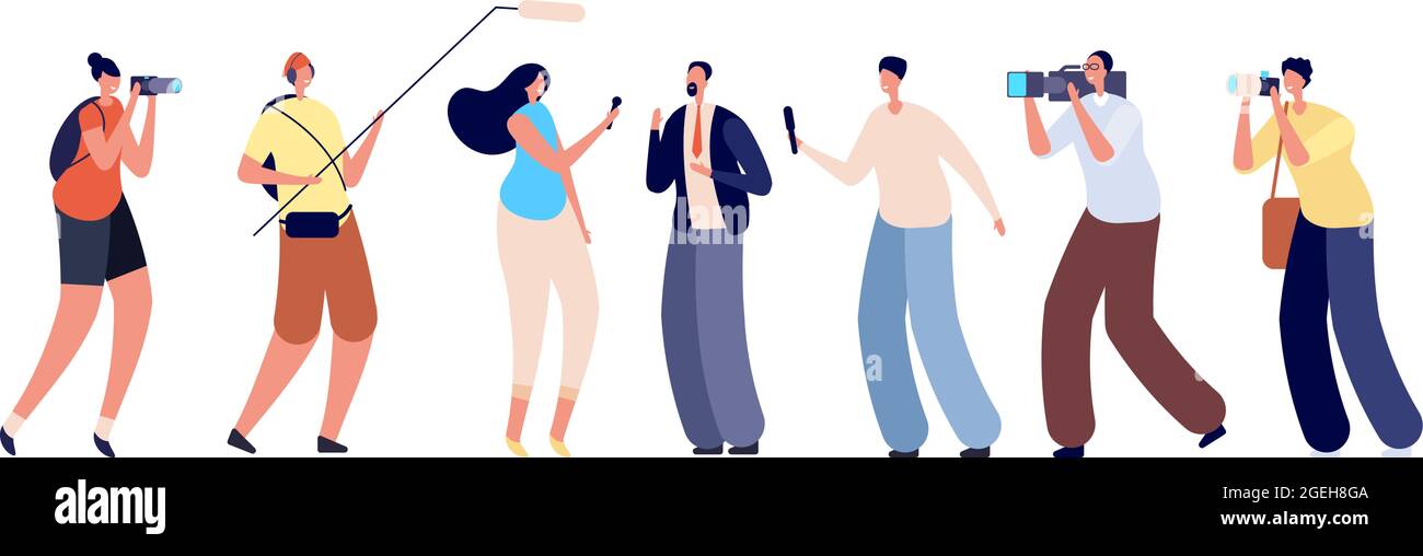 Interview de journalistes. Personne d'affaires, rapport tv de la campagne électorale. Foule les gens avec le microphone de caméra, l'illustration de vecteur de médias d'information Illustration de Vecteur