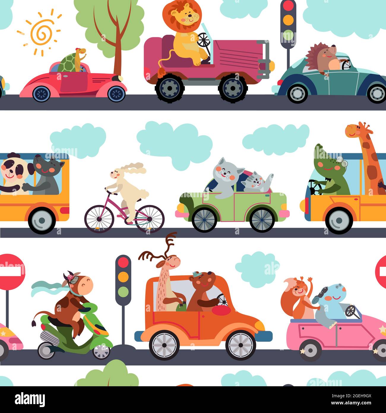 Modèle de transport des animaux. Transport, drôle de circulation de zoo de ville. Imprimé enfant avec joli dessin animé voiture pilotes vector texture sans couture Illustration de Vecteur