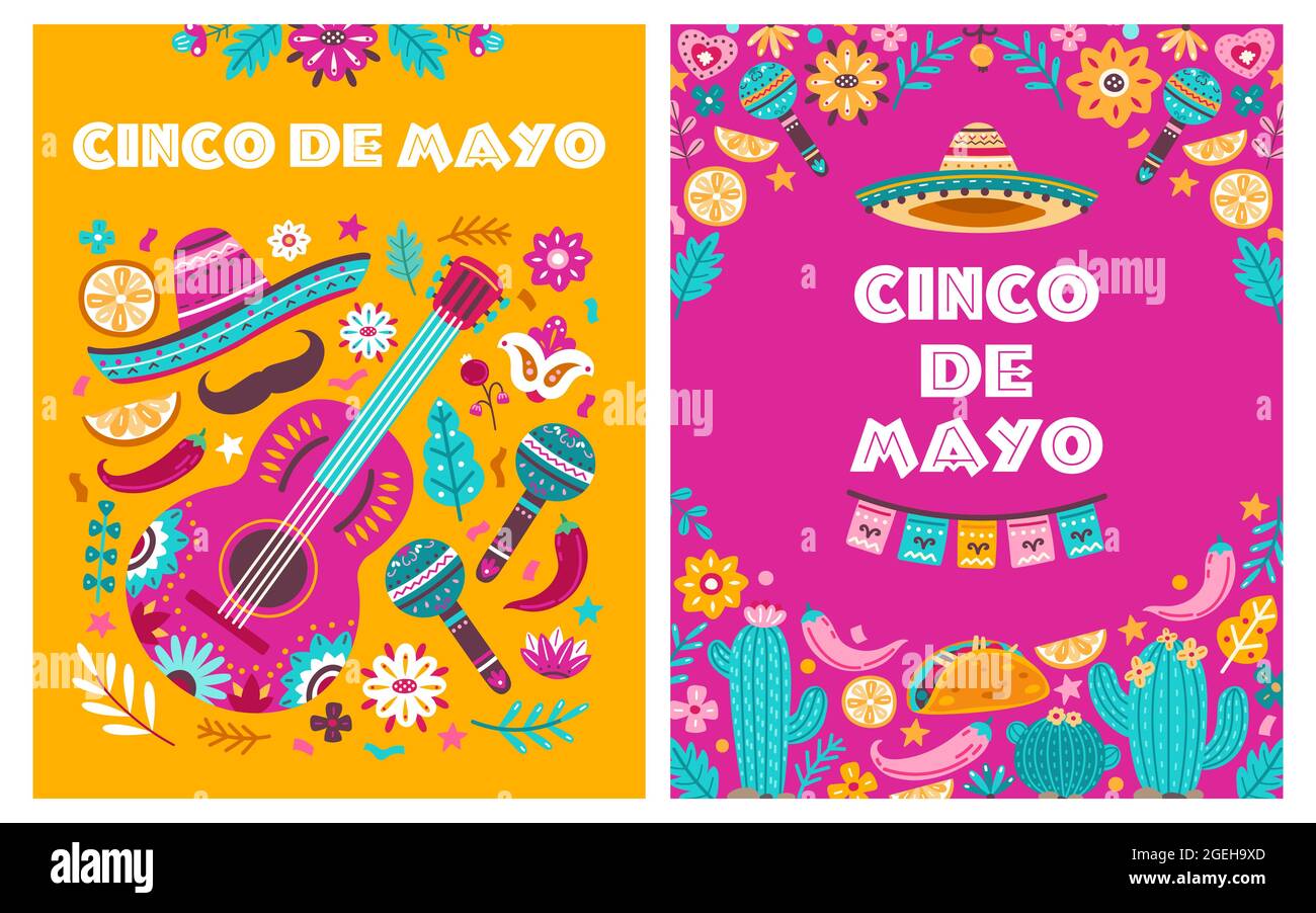 Affiche Cinco de mayo. Fête mexicaine, mexique latin fiesta invitation décorative. Chili espagnol, fleurs crânes festival cartes vectorielles design Illustration de Vecteur