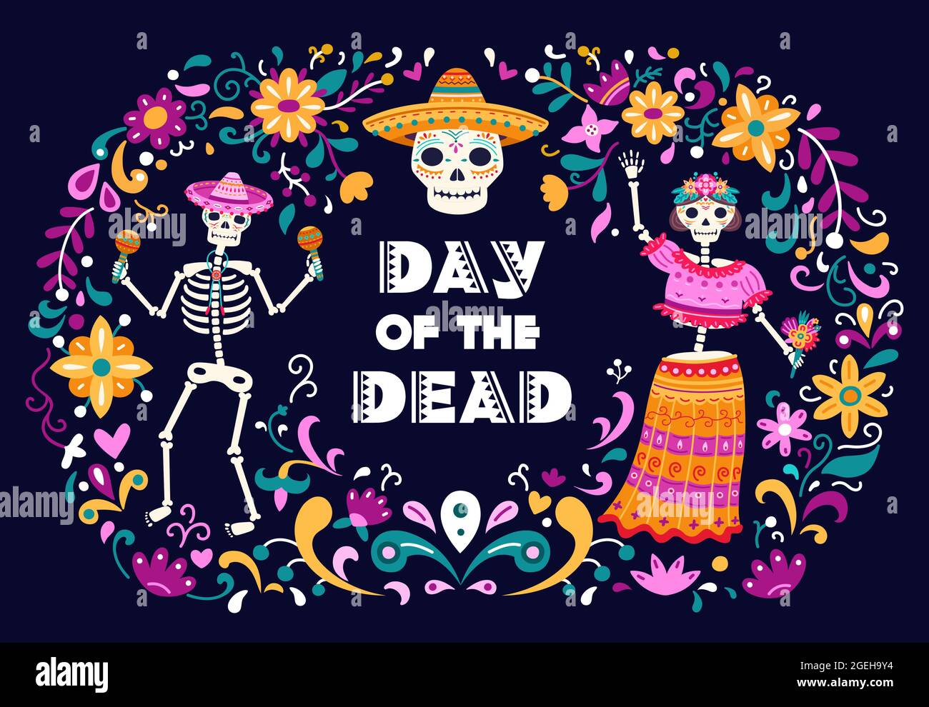 Affiche du jour de l'mort. Crânes de sucre mexicains, femme de la mort homme dansant des squelettes. Décorations de fleurs colorées, mexique latin Party Vector flyer Illustration de Vecteur