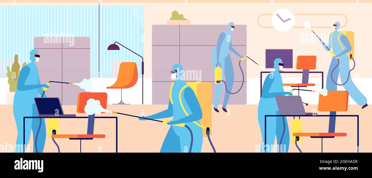 Concept de désinfection. L'équipe de nettoyage, la maison professionnelle ou le bureau désinfectent. Travailleurs avec assainisseur en combinaisons de protection concept de vecteur de la caniveau Illustration de Vecteur